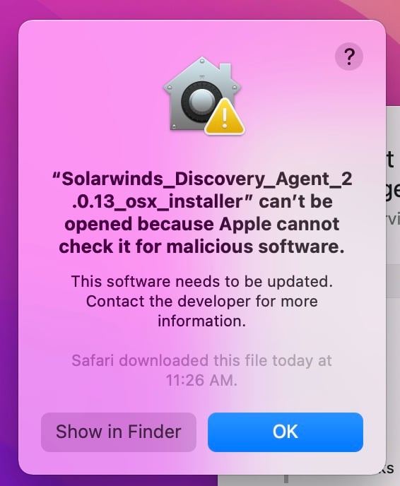 Error message with words "can't be opened because Apple cannot check it for malicious software"